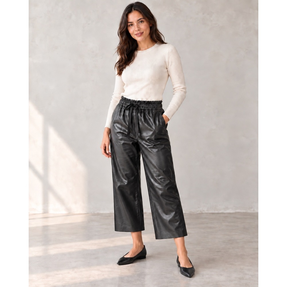 DKNY Faux Leather Wide Leg Cropped Pants Black Logo Drawstring Size M